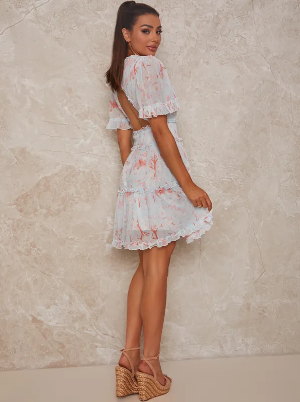 Ruffle Trim Floral Print Mini Day Dress with Open Back in Blue sold by Chi Chi London