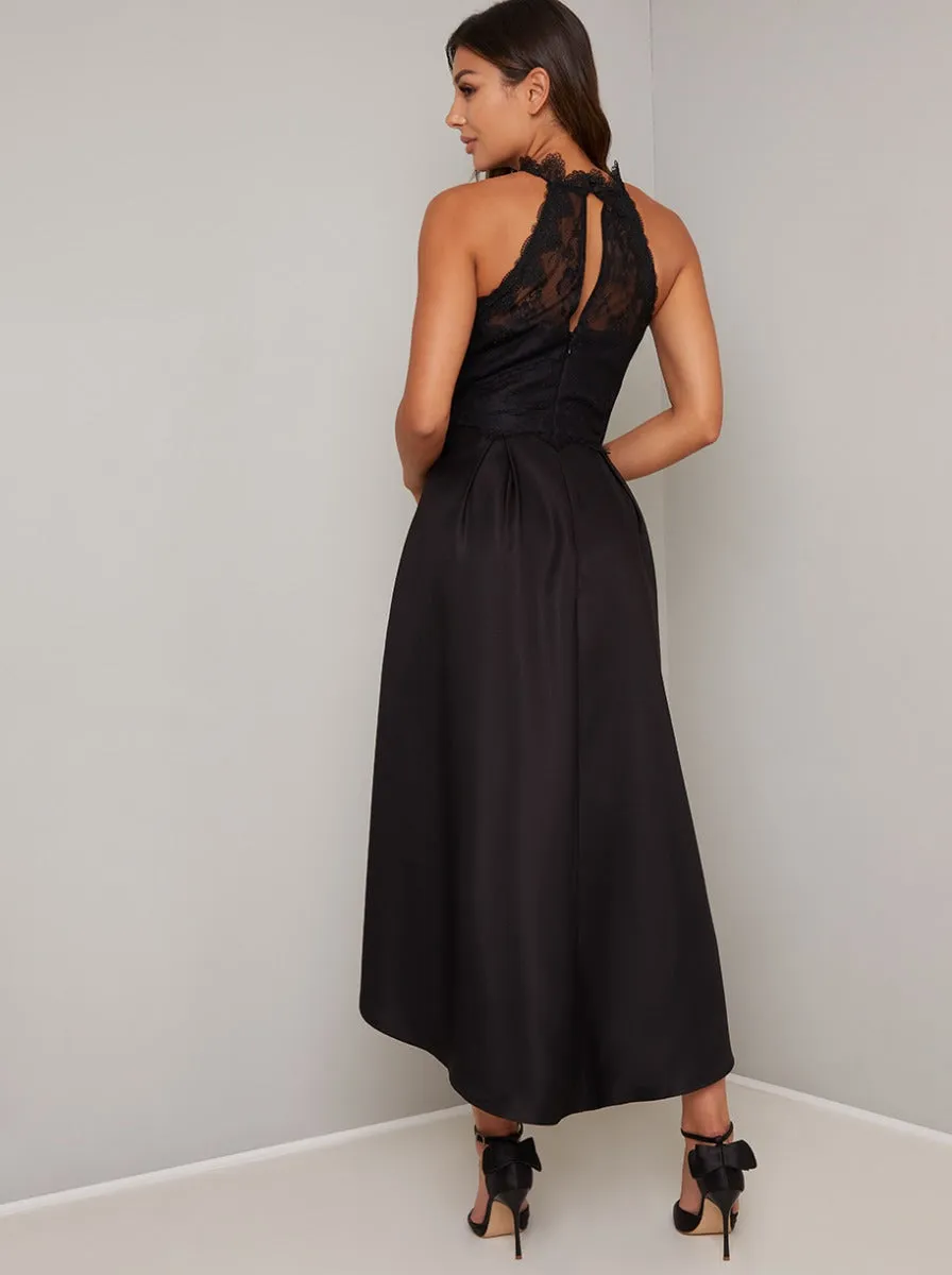 High Neck Lace Bodice Dip Hem Midi Dress in Black sold by Chi Chi London product image thumbnail 4