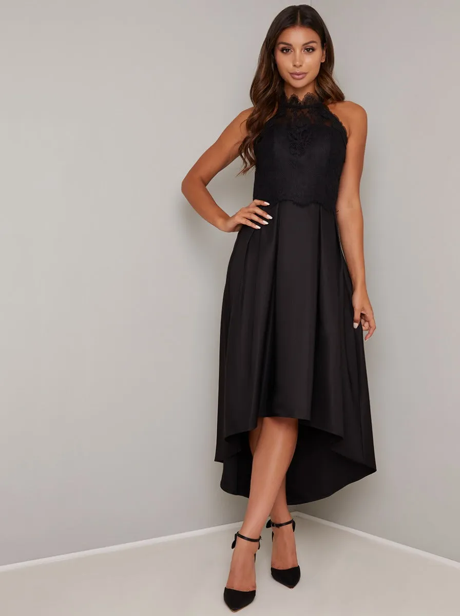 High Neck Lace Bodice Dip Hem Midi Dress in Black sold by Chi Chi London