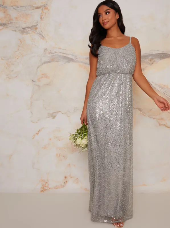 Petite Sequin Cami Style Maxi Dress In Silver sold by Chi Chi London