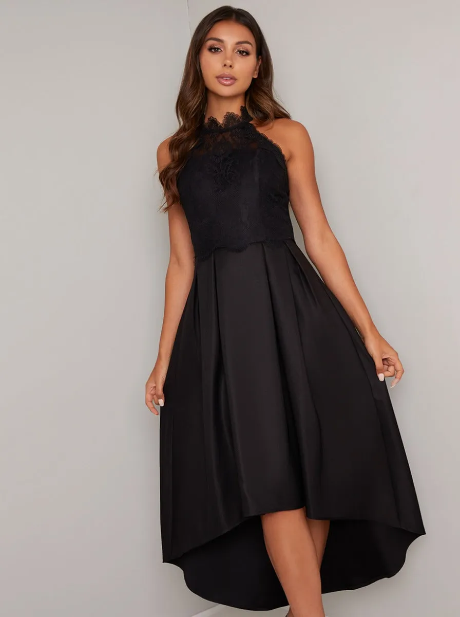 High Neck Lace Bodice Dip Hem Midi Dress in Black sold by Chi Chi London product image thumbnail 2