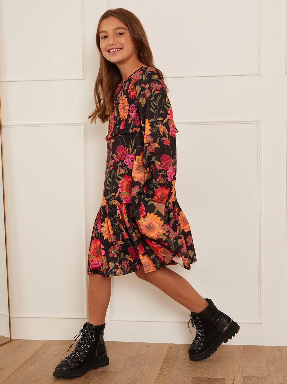Older Girls Long Sleeve Floral Smock Dress in Black sold by Chi Chi London product image thumbnail 3