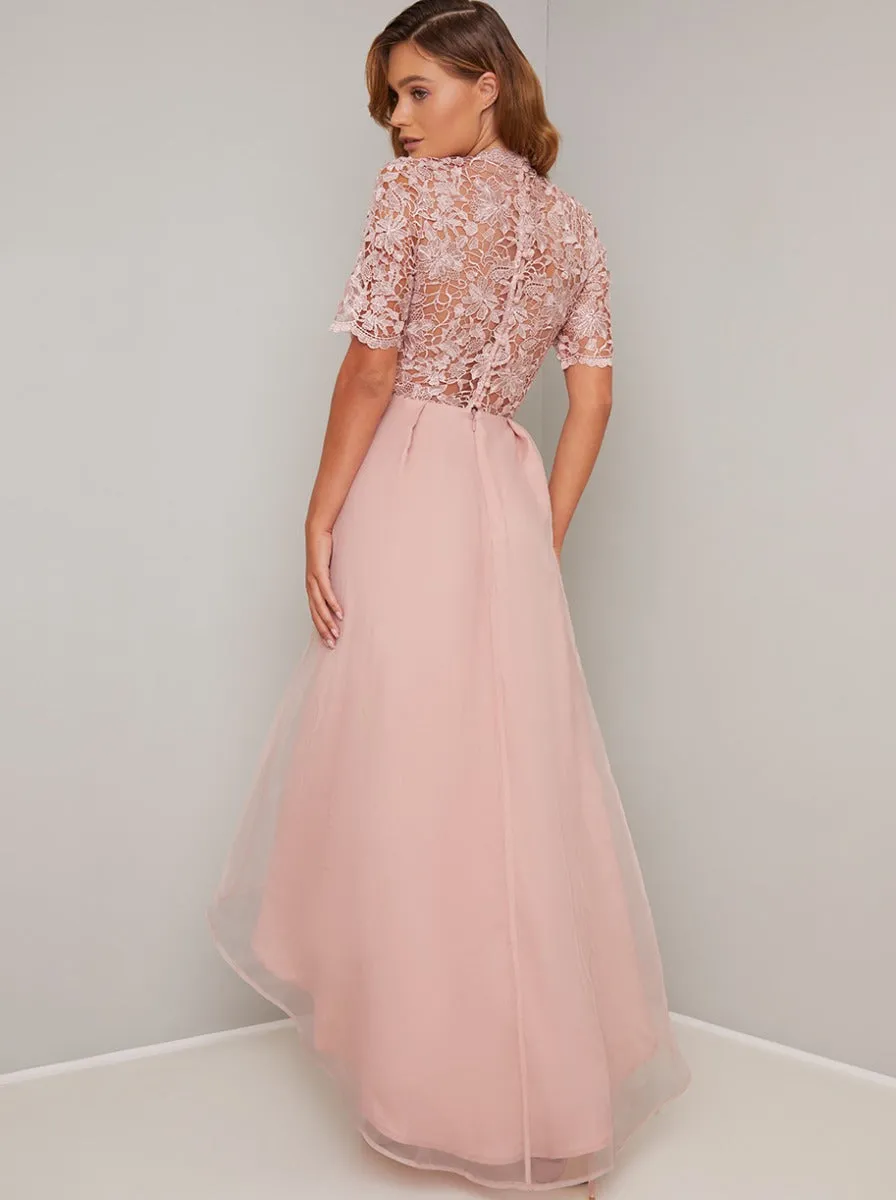 Short Sleeved Sheer Lace Dip Hem Midi Dress in Rose Gold sold by Chi Chi London product image thumbnail 2