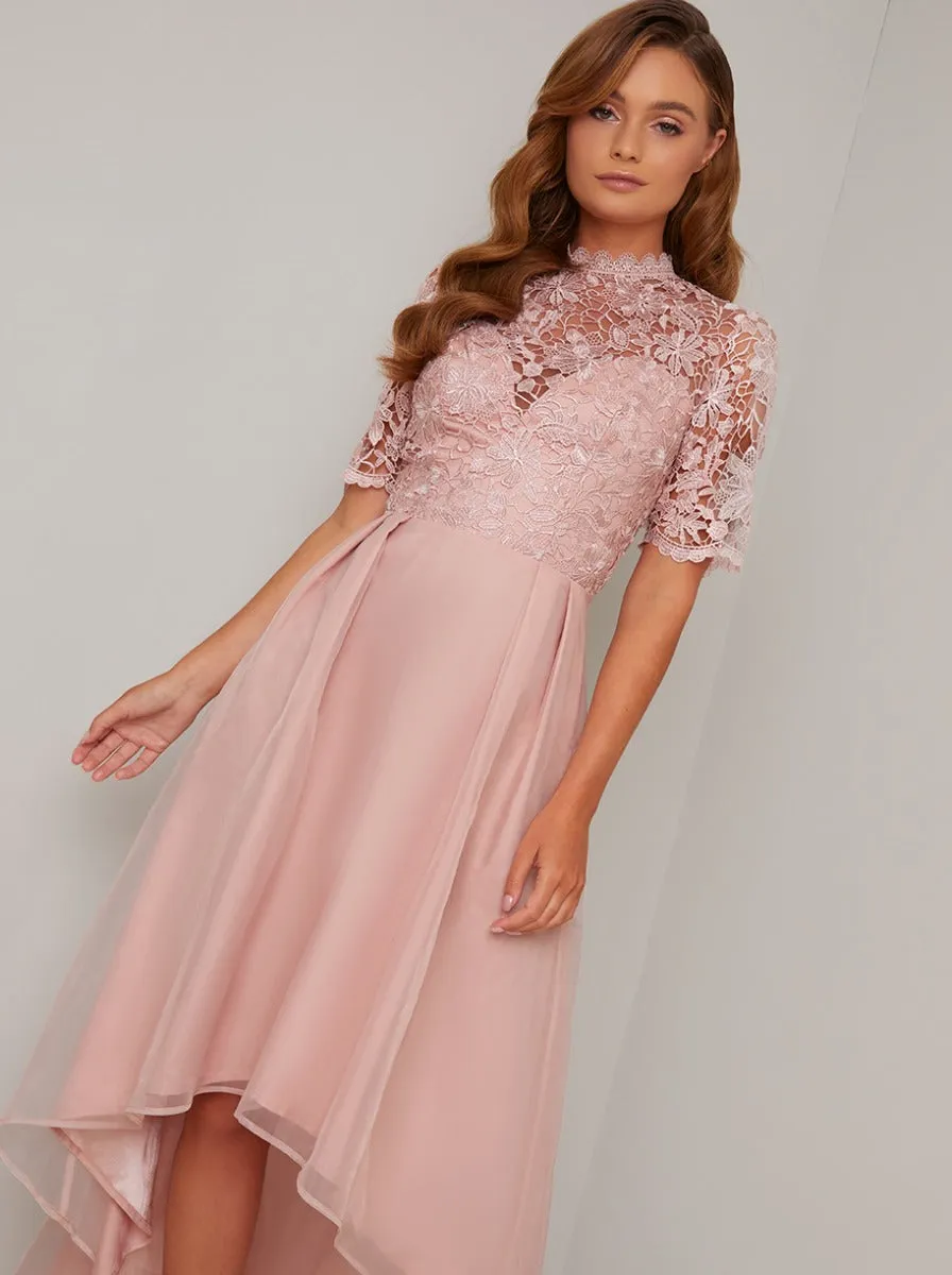 Short Sleeved Sheer Lace Dip Hem Midi Dress in Rose Gold sold by Chi Chi London product image thumbnail 3