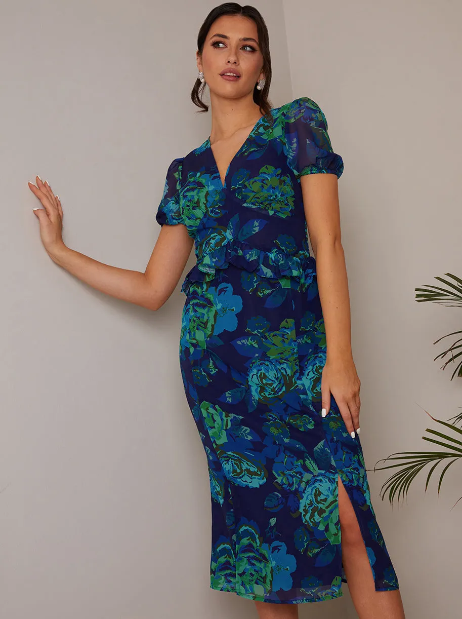 Petite Puff Sleeve Ruffle Detail Floral Midi Dress in Navy sold by Chi Chi London product image thumbnail 3