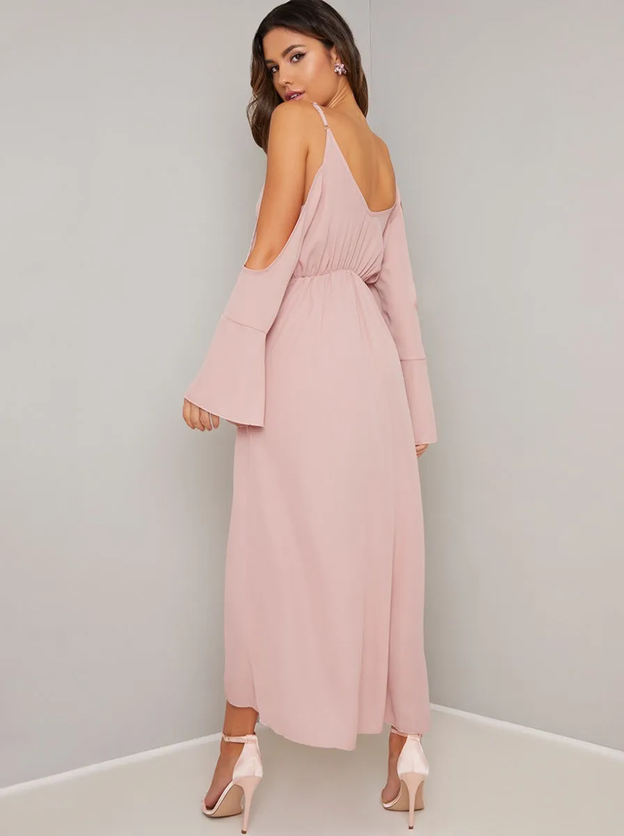 Cold Shoulder Chiffon Wrap Detail Dress in Pink sold by Chi Chi London product image thumbnail 4