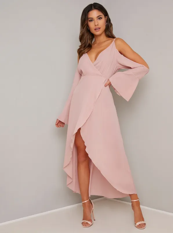 Cold Shoulder Chiffon Wrap Detail Dress in Pink sold by Chi Chi London