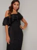 Off Shoulder Crochet Maxi Dress in Black sold by Chi Chi London