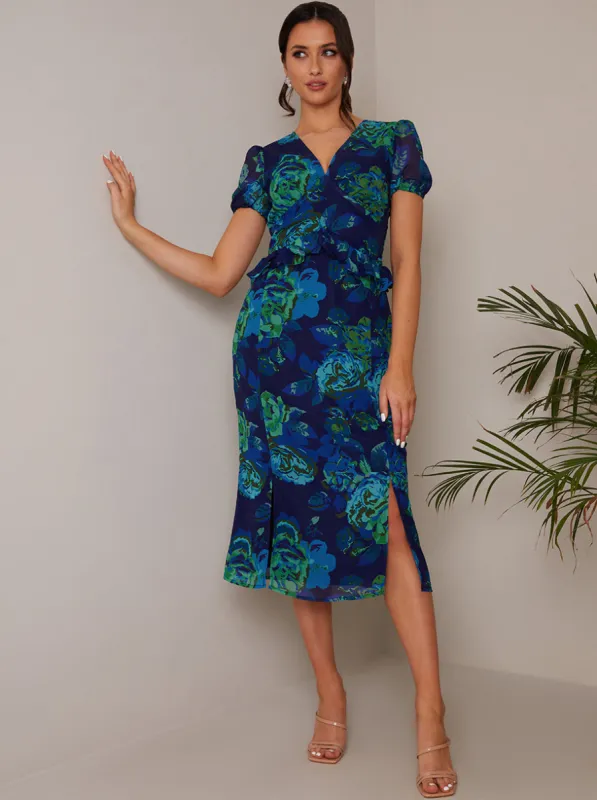 Petite Puff Sleeve Ruffle Detail Floral Midi Dress in Navy sold by Chi Chi London