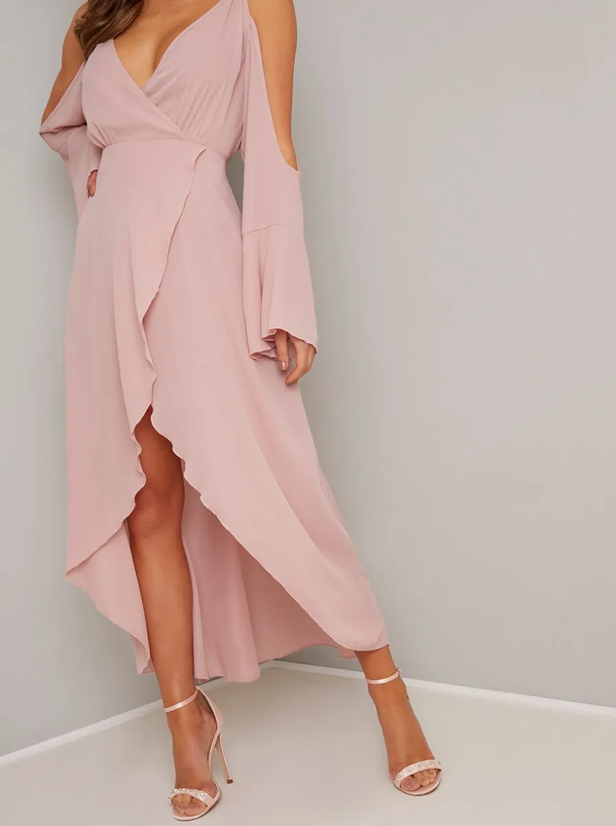 Cold Shoulder Chiffon Wrap Detail Dress in Pink sold by Chi Chi London product image thumbnail 2