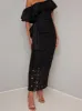 Off Shoulder Crochet Maxi Dress in Black sold by Chi Chi London