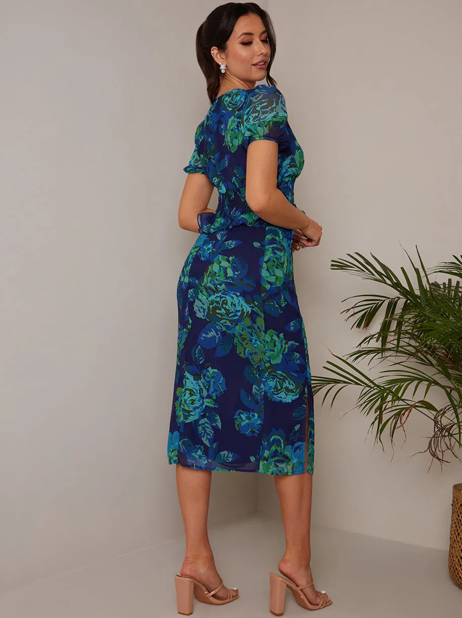 Petite Puff Sleeve Ruffle Detail Floral Midi Dress in Navy sold by Chi Chi London product image thumbnail 4