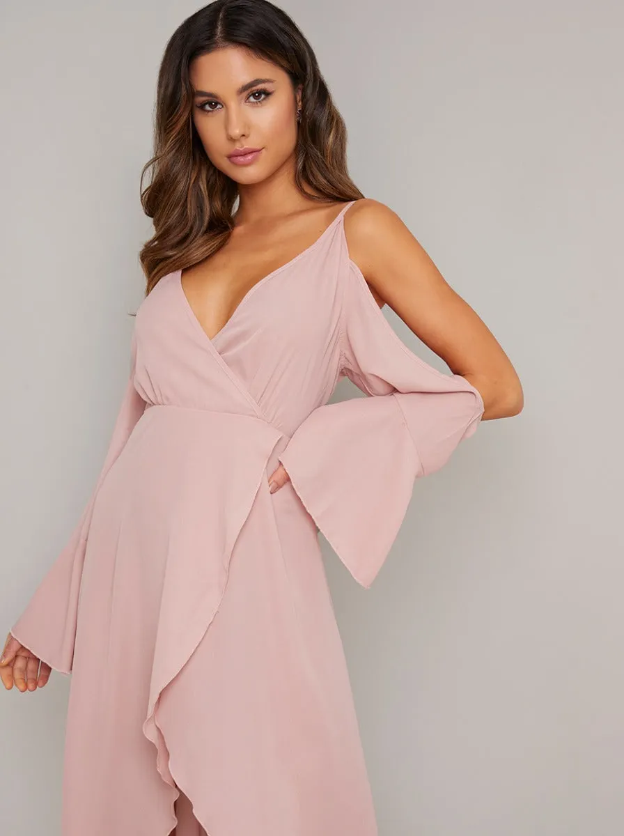 Cold Shoulder Chiffon Wrap Detail Dress in Pink sold by Chi Chi London product image thumbnail 3