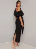 Off Shoulder Crochet Maxi Dress in Black sold by Chi Chi London