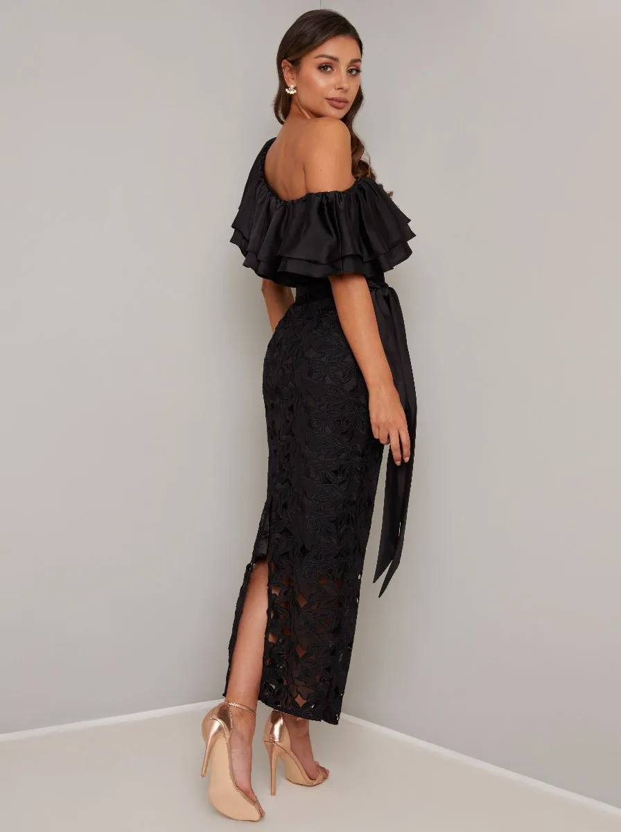 Off Shoulder Crochet Maxi Dress in Black sold by Chi Chi London product image thumbnail 4