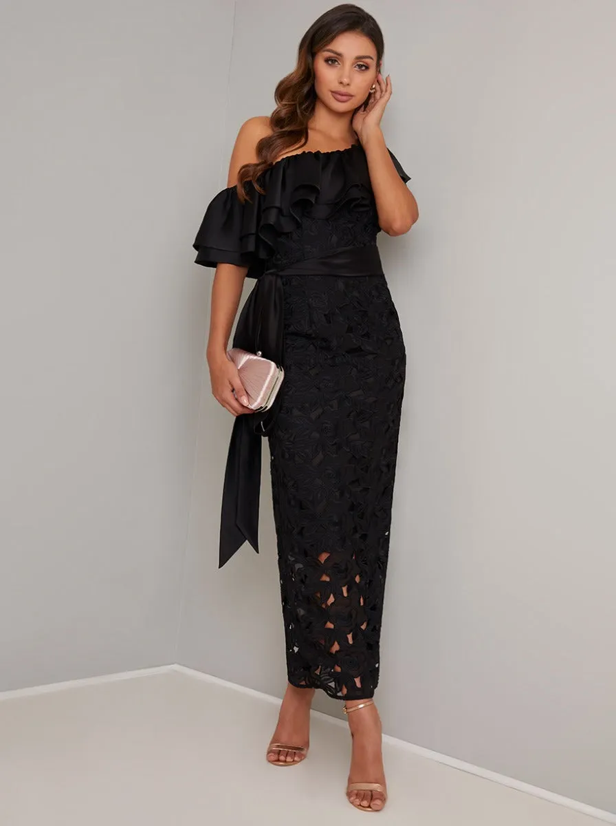 Off Shoulder Crochet Maxi Dress in Black sold by Chi Chi London