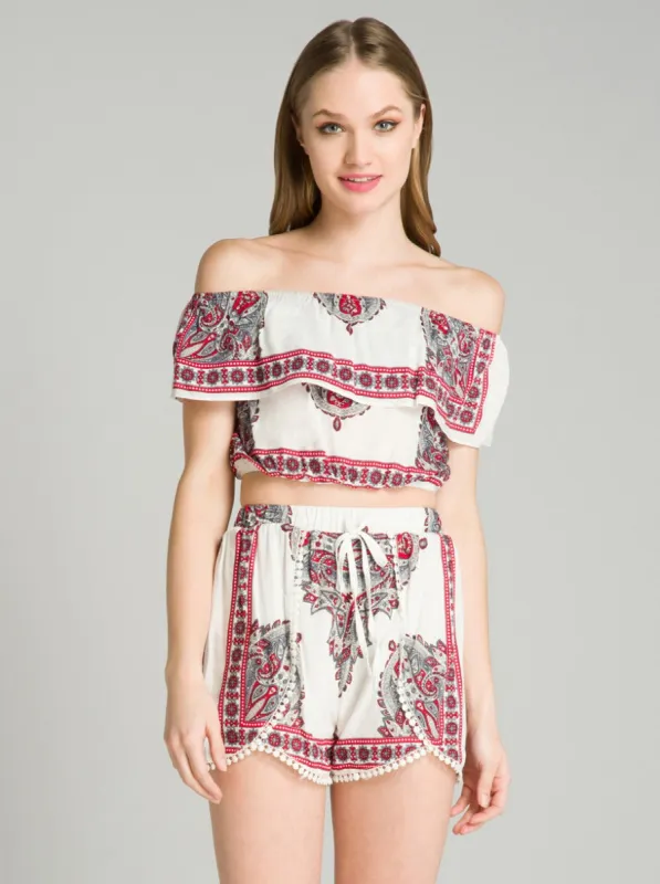 Paisley Print Bardot Crop Top in Cream sold by Chi Chi London