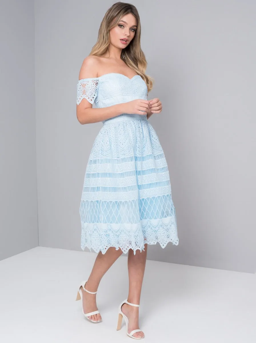 Crochet Bardot Panel Midi Dress in Blue sold by Chi Chi London product image thumbnail 3