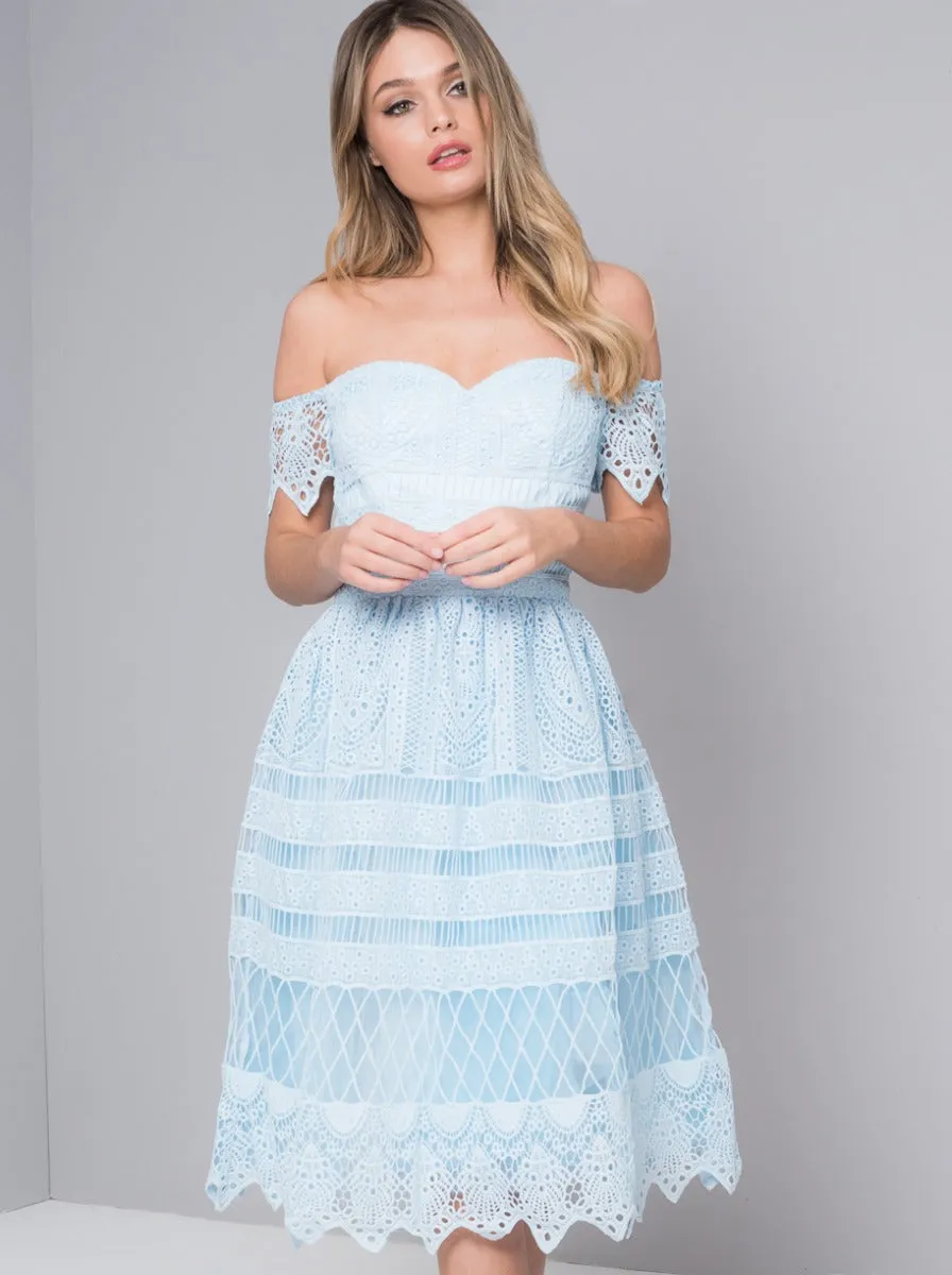 Crochet Bardot Panel Midi Dress in Blue sold by Chi Chi London