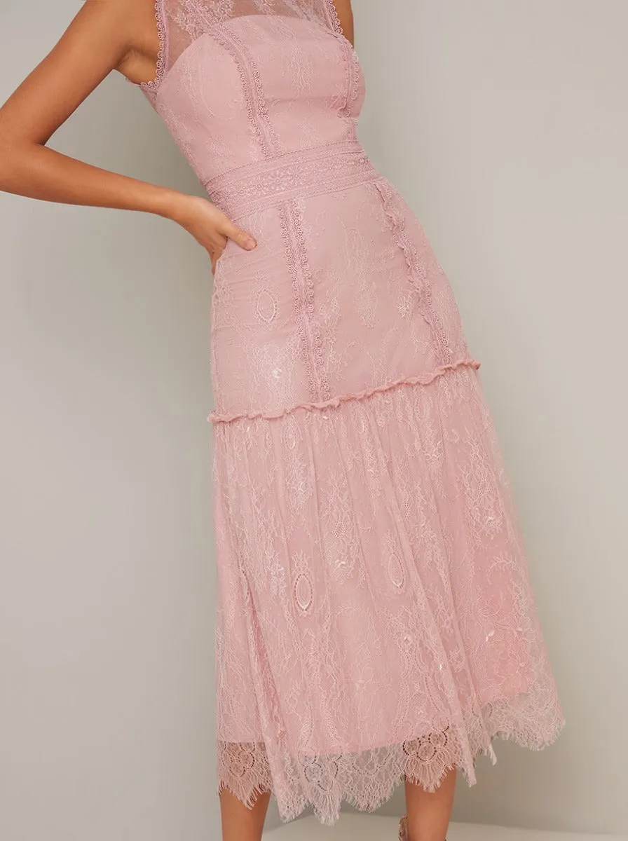Lace Design Drop Hem Midi Dress in Pink sold by Chi Chi London product image thumbnail 2