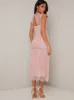 Lace Design Drop Hem Midi Dress in Pink sold by Chi Chi London
