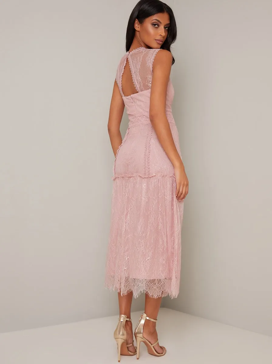 Lace Design Drop Hem Midi Dress in Pink sold by Chi Chi London product image thumbnail 3