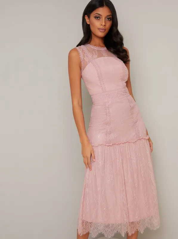 Lace Design Drop Hem Midi Dress in Pink sold by Chi Chi London