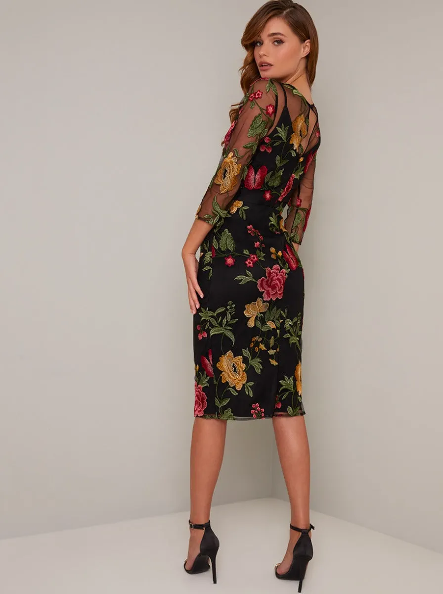 Sheer Sleeve Lace Embroidered Midi Dress in Black sold by Chi Chi London product image thumbnail 4