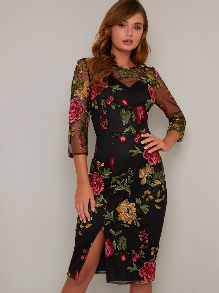 Sheer Sleeve Lace Embroidered Midi Dress in Black sold by Chi Chi London