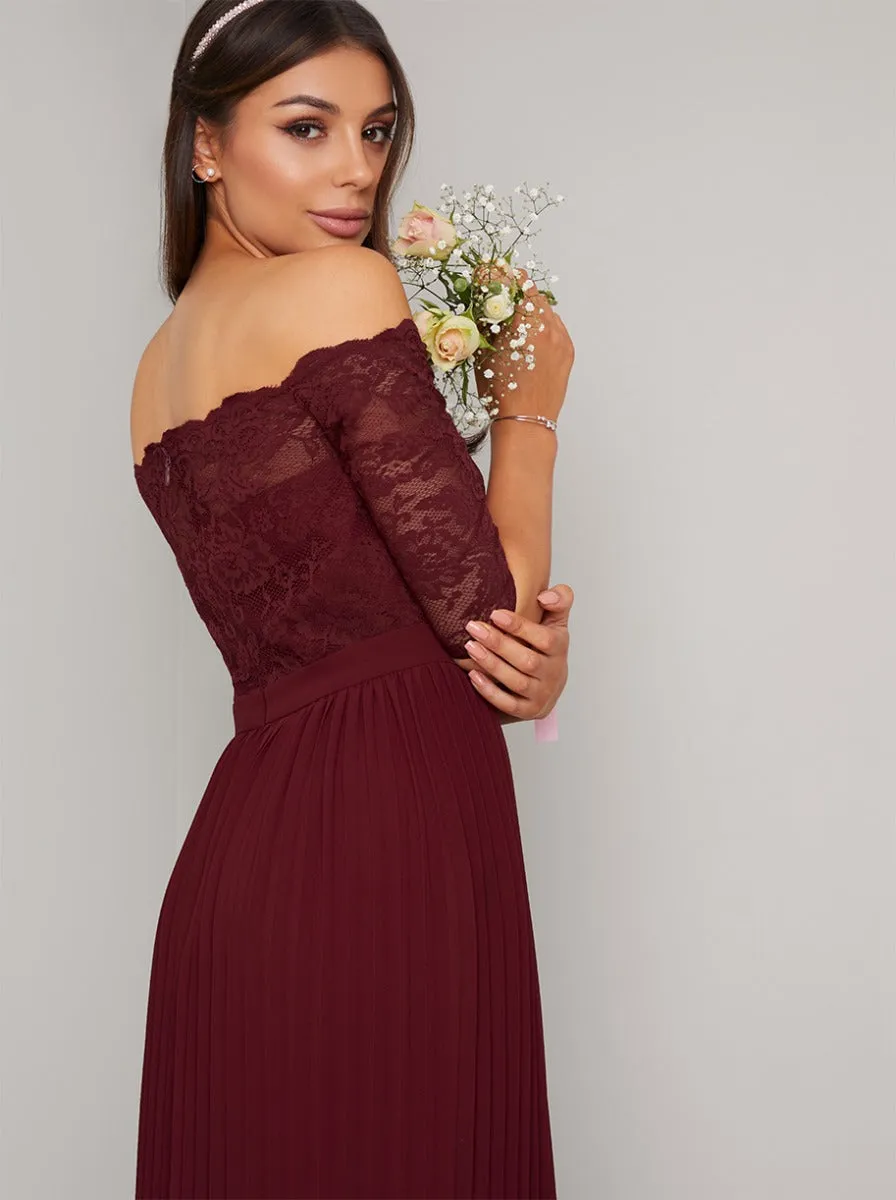 Lace Bardot 3/4 Sleeved Pleat Maxi Dress in Red sold by Chi Chi London product image thumbnail 2