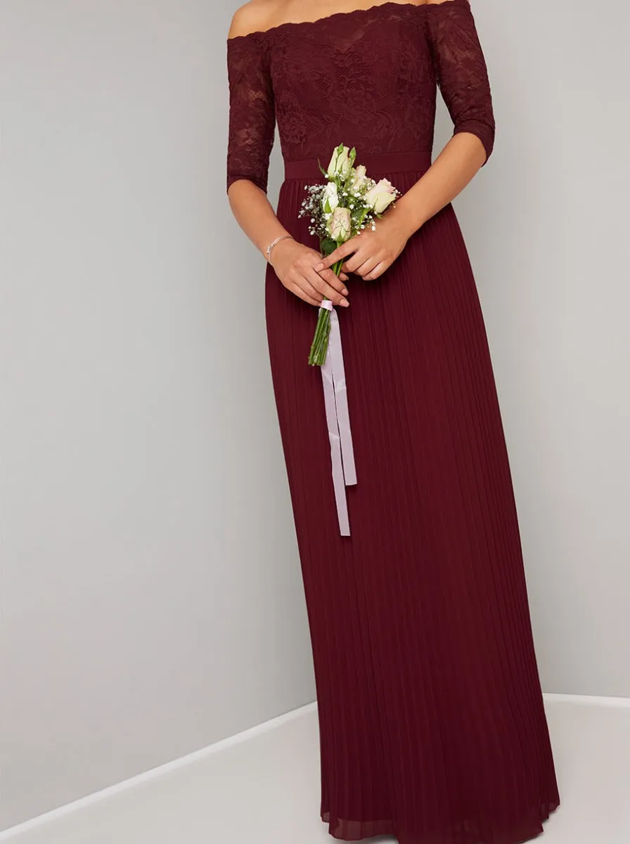 Lace Bardot 3/4 Sleeved Pleat Maxi Dress in Red sold by Chi Chi London product image thumbnail 4