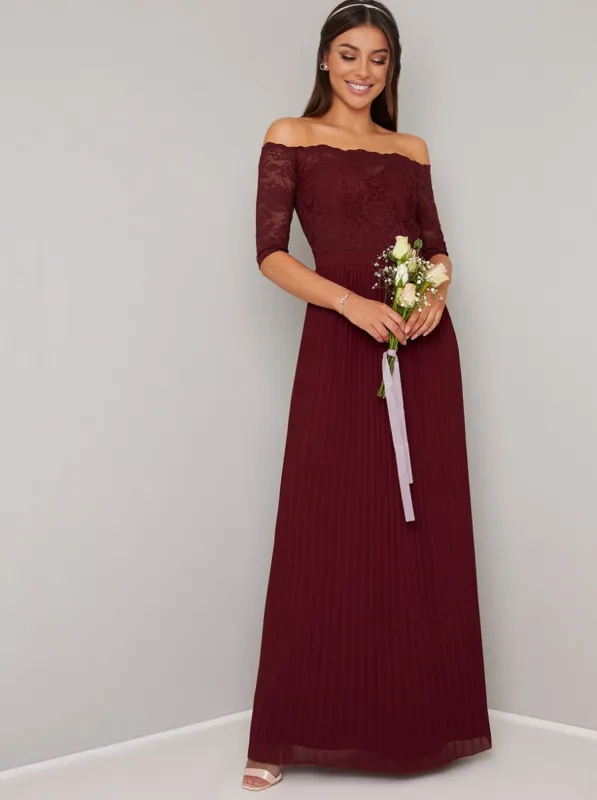 Lace Bardot 3/4 Sleeved Pleat Maxi Dress in Red sold by Chi Chi London