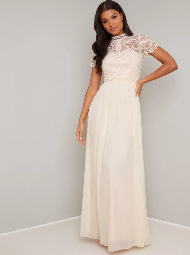 Vintage Lace Style Chiffon Maxi Dress in Cream sold by Chi Chi London