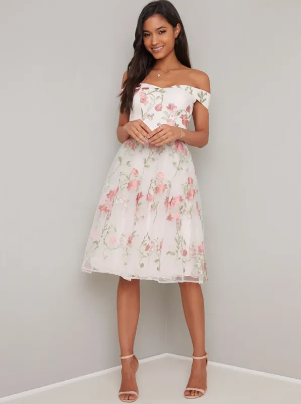 Bardot Lace Embroidered Overlay Midi Dress in Pink sold by Chi Chi London