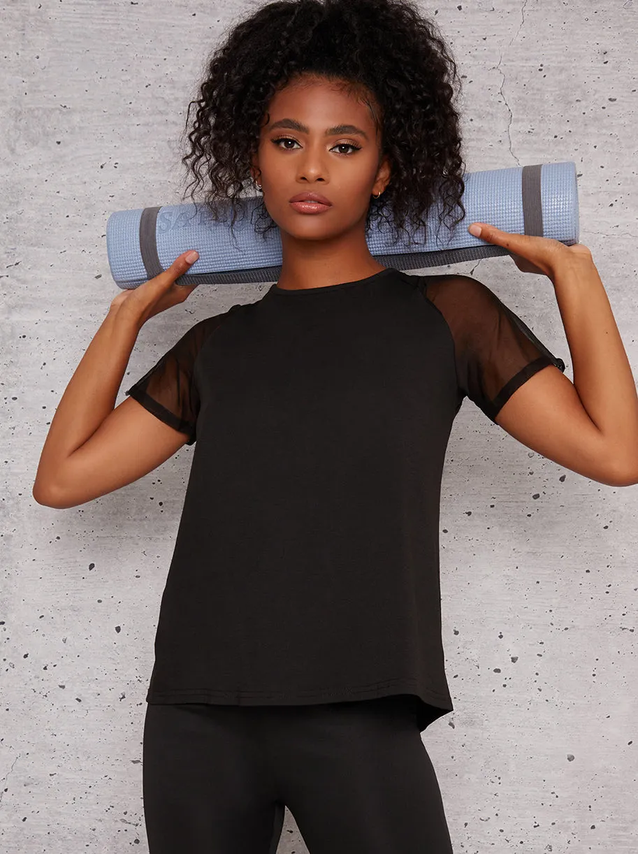 Mesh Detail Short Sleeve Gym Top in Black sold by Chi Chi London