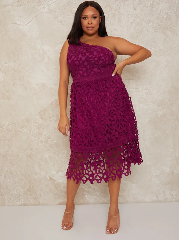 Plus Size One Shoulder Premium Lace Midi Dress in Purple sold by Chi Chi London