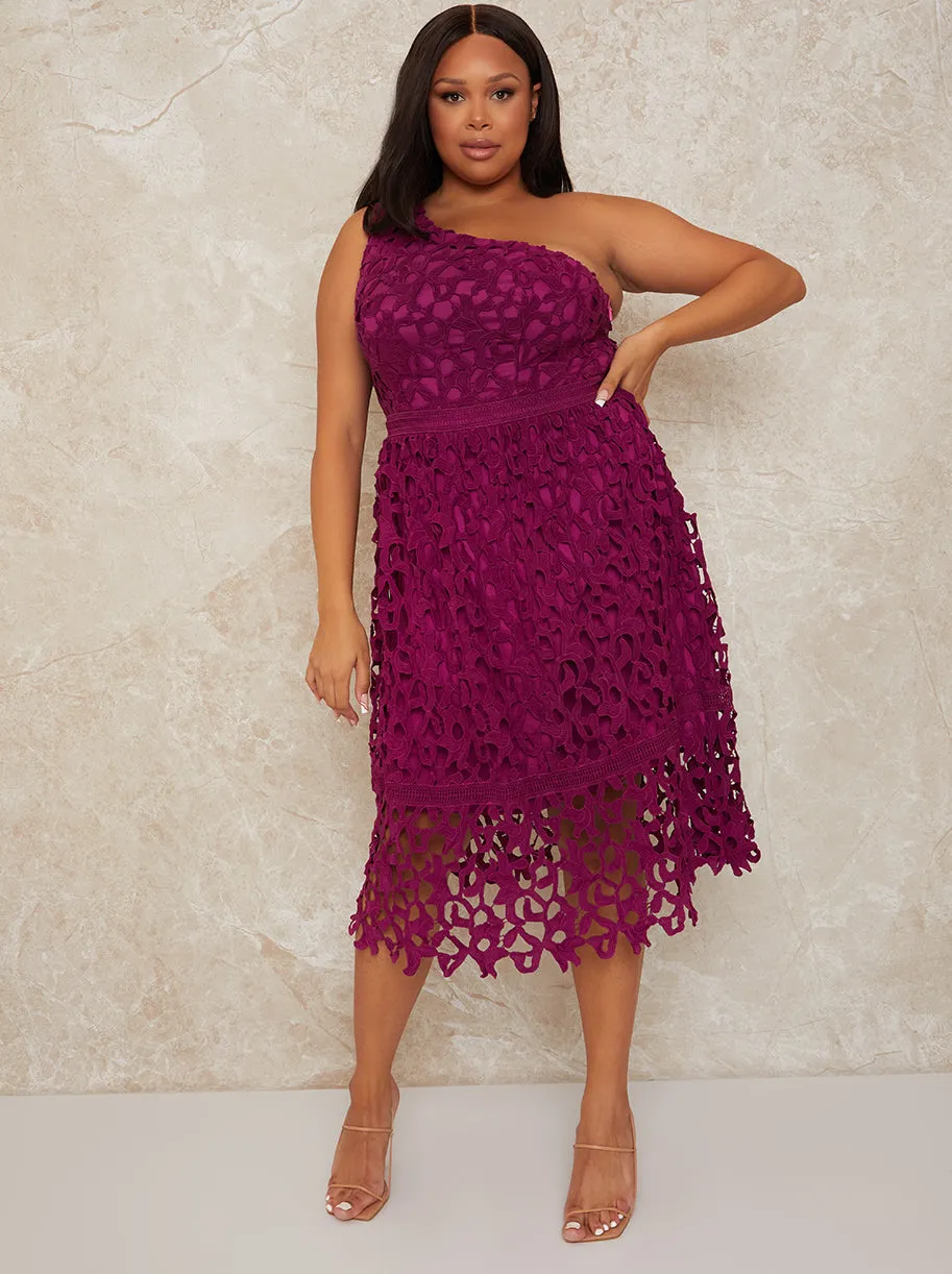 Plus Size One Shoulder Premium Lace Midi Dress in Purple sold by Chi Chi London
