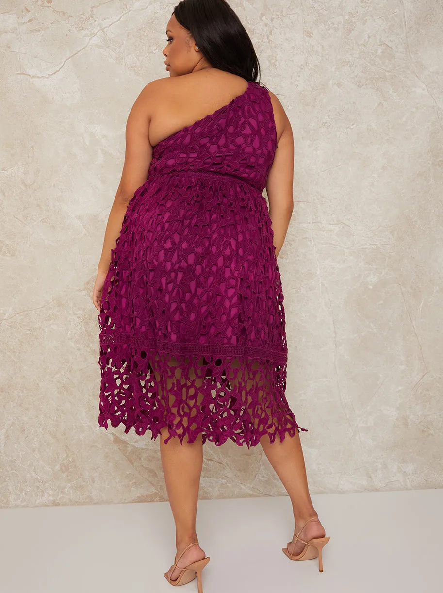 Plus Size One Shoulder Premium Lace Midi Dress in Purple sold by Chi Chi London product image thumbnail 3