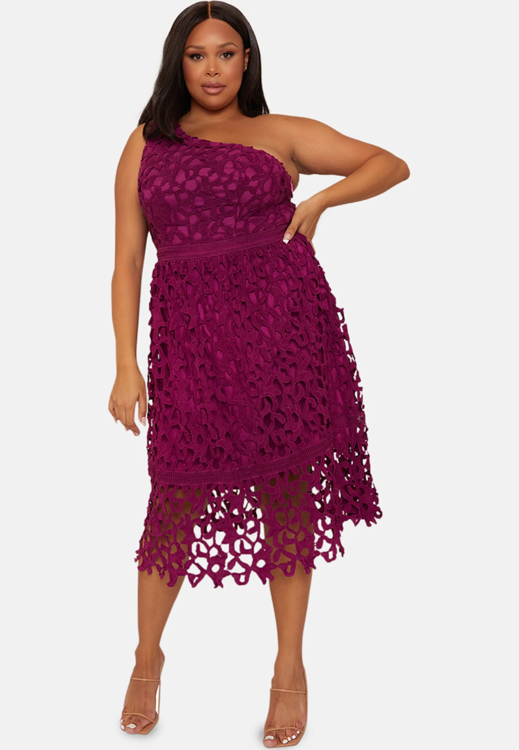 Plus Size One Shoulder Premium Lace Midi Dress in Purple sold by Chi Chi London product image thumbnail 5