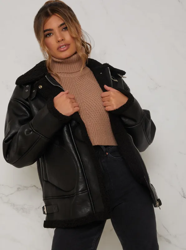 Fleece Lined Aviator Jacket in Black sold by Chi Chi London