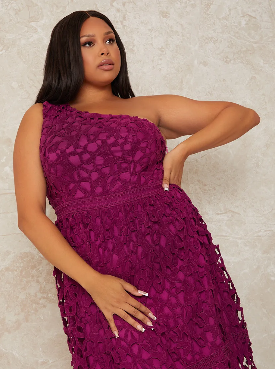 Plus Size One Shoulder Premium Lace Midi Dress in Purple sold by Chi Chi London product image thumbnail 2