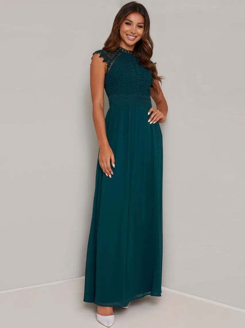 Crochet Maxi Dress with Capped Sleeves in Green sold by Chi Chi London product image thumbnail 4