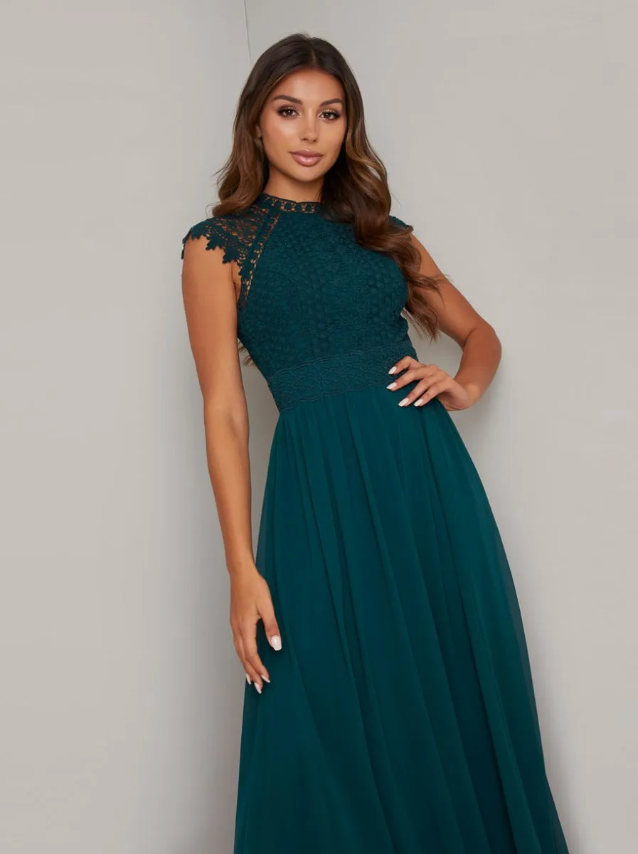 Crochet Maxi Dress with Capped Sleeves in Green sold by Chi Chi London
