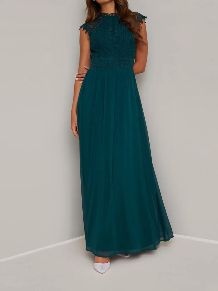 Crochet Maxi Dress with Capped Sleeves in Green sold by Chi Chi London product image thumbnail 2