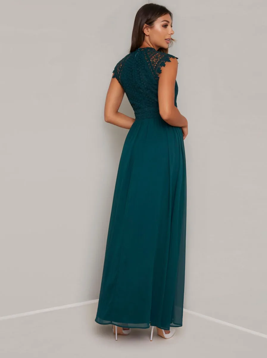 Crochet Maxi Dress with Capped Sleeves in Green sold by Chi Chi London product image thumbnail 3