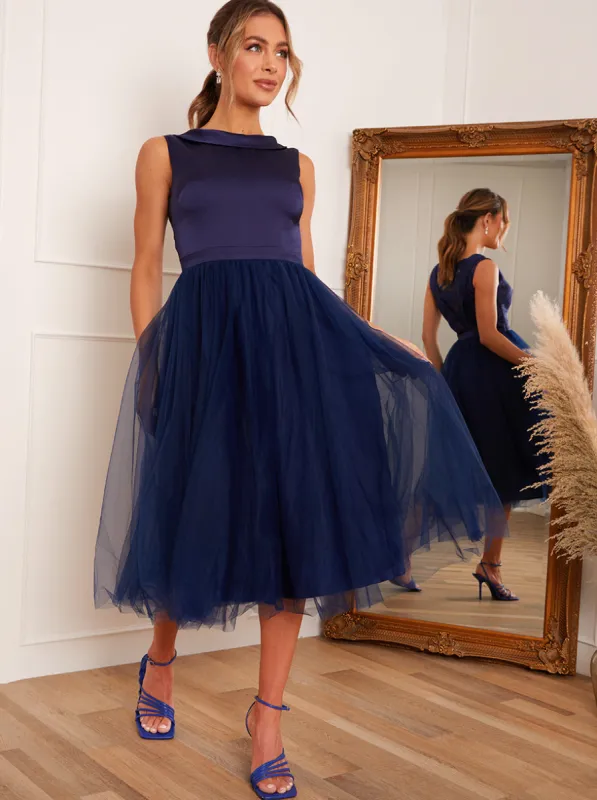Tulle Skater Midi Dress in Navy sold by Chi Chi London