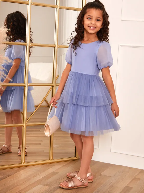 Younger Girls Puff Sleeve Tiered Tulle Midi Dress in Blue sold by Chi Chi London