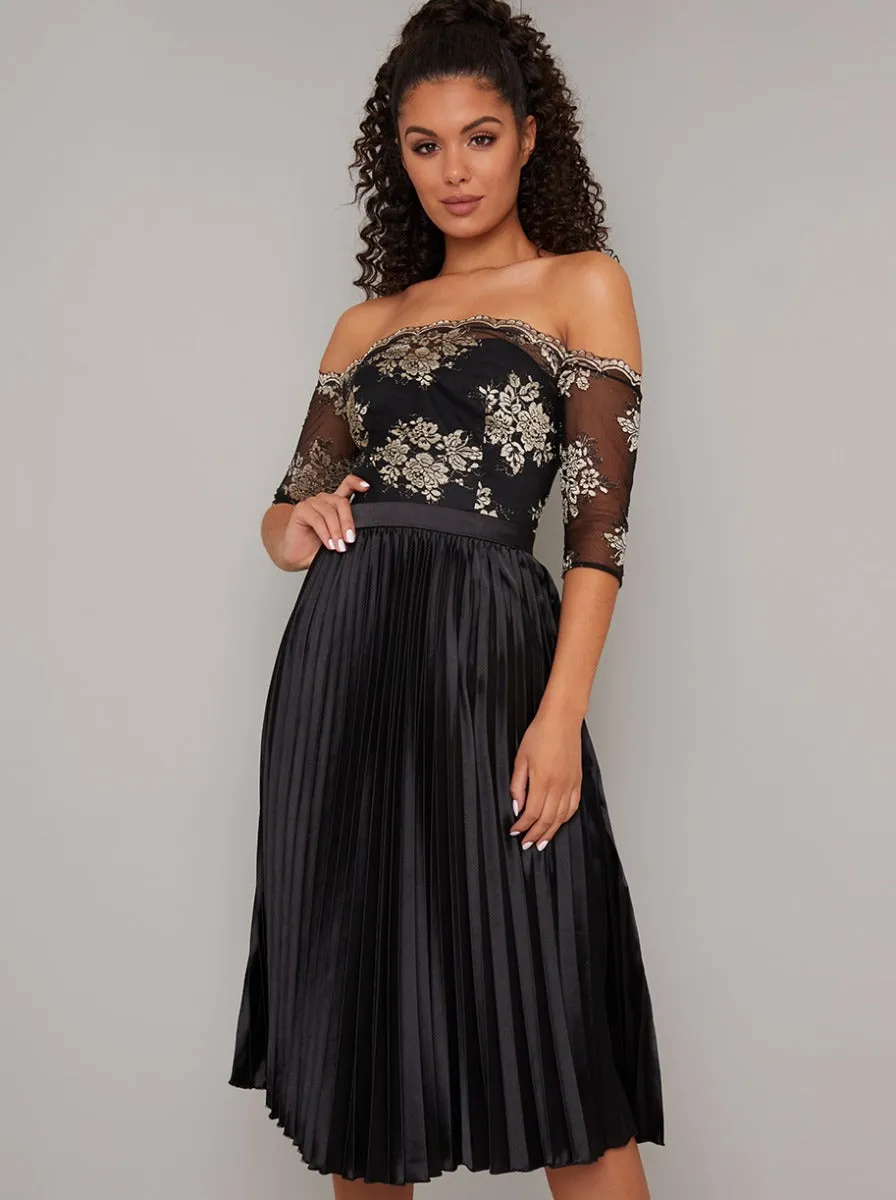 Bardot Metallic Lace Pleat Midi Dress in Black sold by Chi Chi London product image thumbnail 3