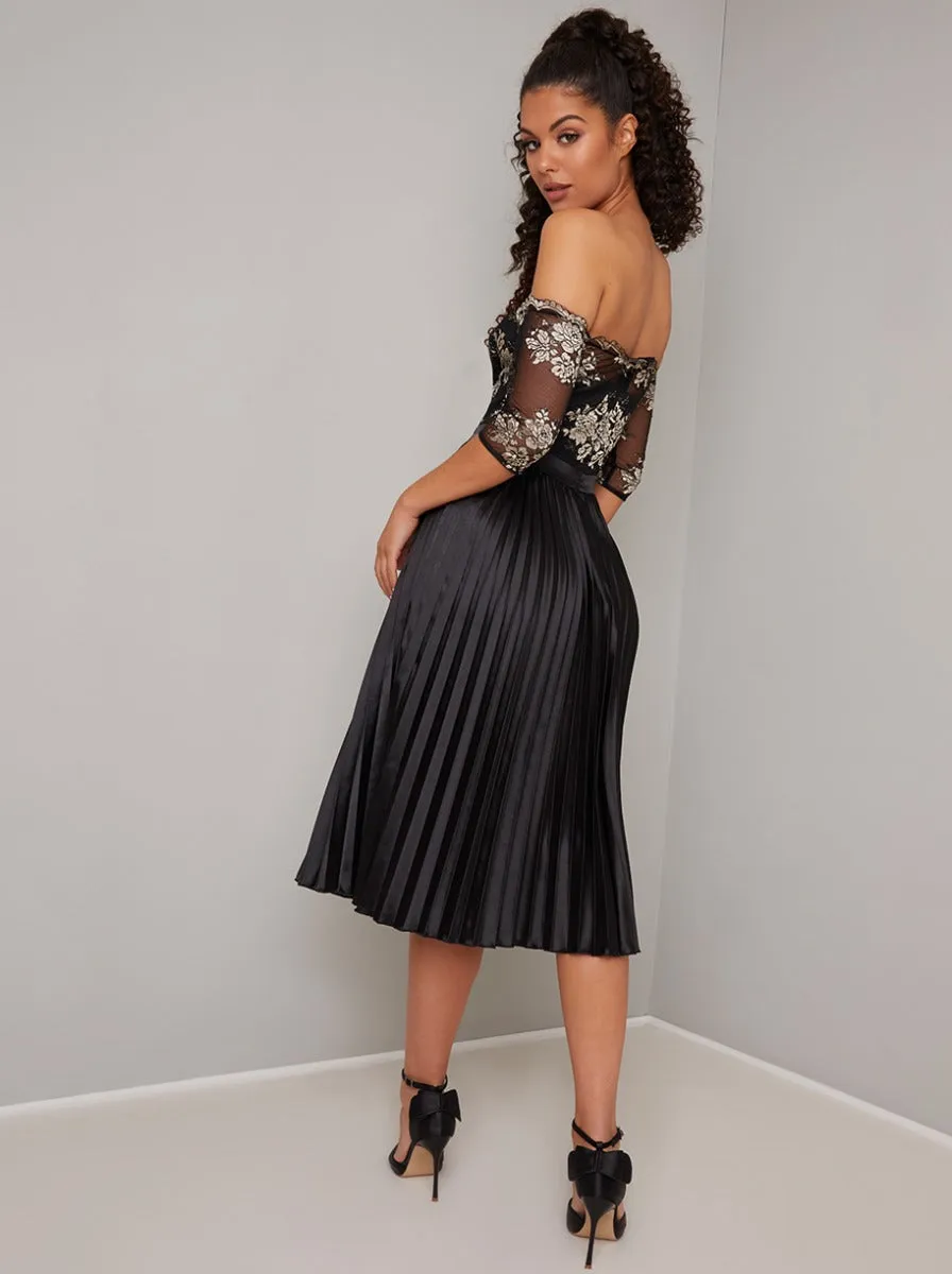 Bardot Metallic Lace Pleat Midi Dress in Black sold by Chi Chi London product image thumbnail 4