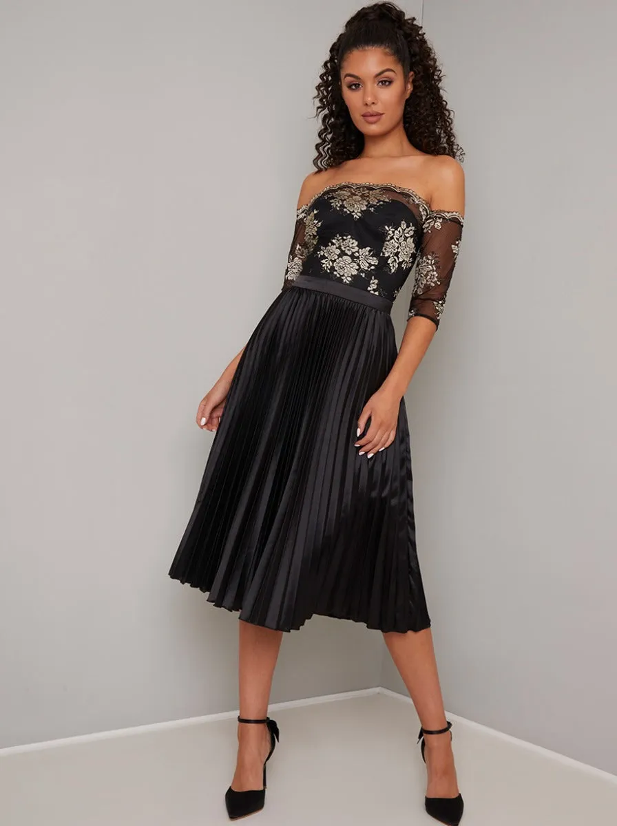 Bardot Metallic Lace Pleat Midi Dress in Black sold by Chi Chi London